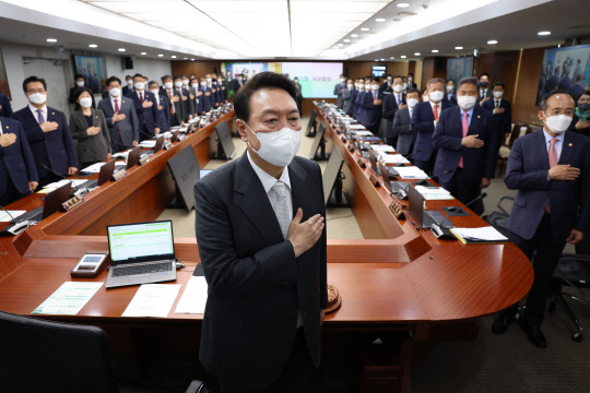 윤석열 대통령과 국무위원들이 12일 서울 용산 대통령실 청사에서 열린 첫 임시 국무회의에서 국기에 경례를 하고 있다. 대통령실제공